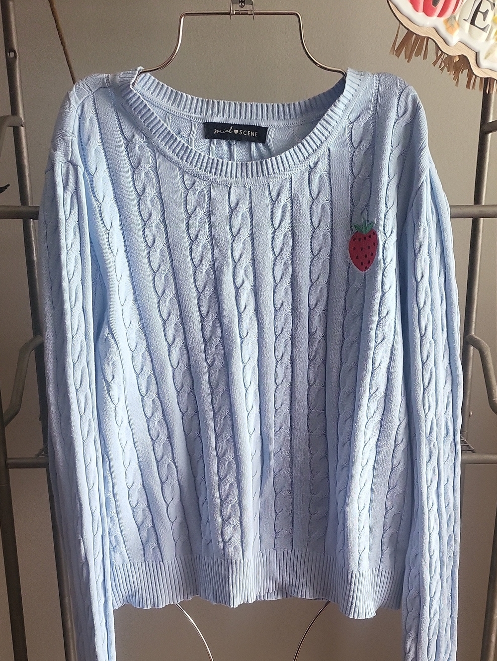 Scene Weaver Light Blue Cable-Knit Crewneck Sweater with Strawberry Detail